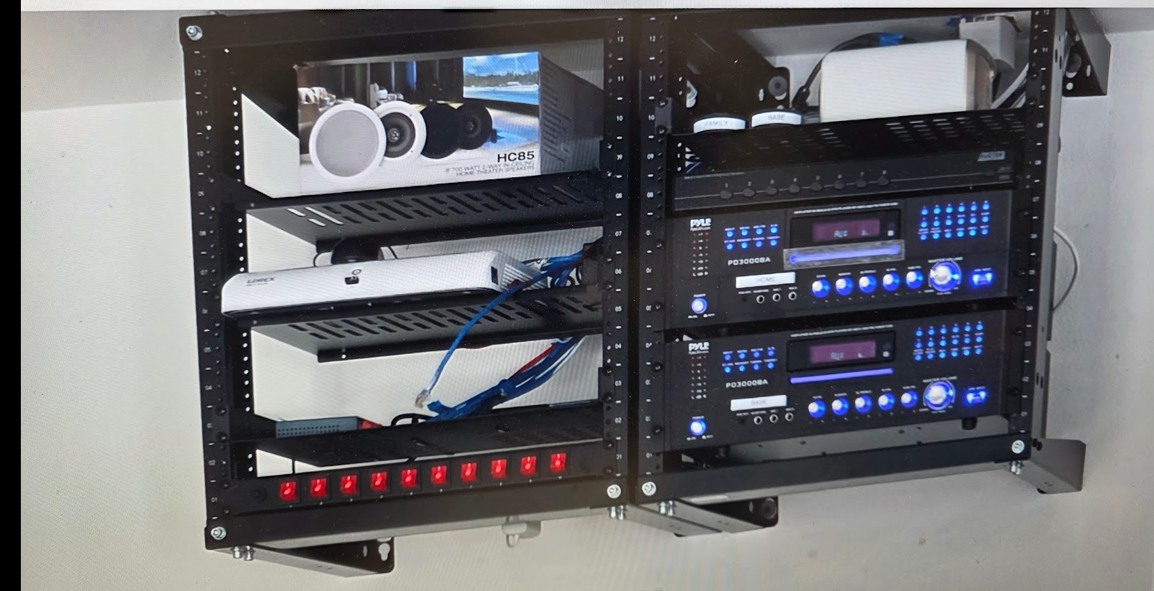Wall-mounted commercial audio and communications equipment rack