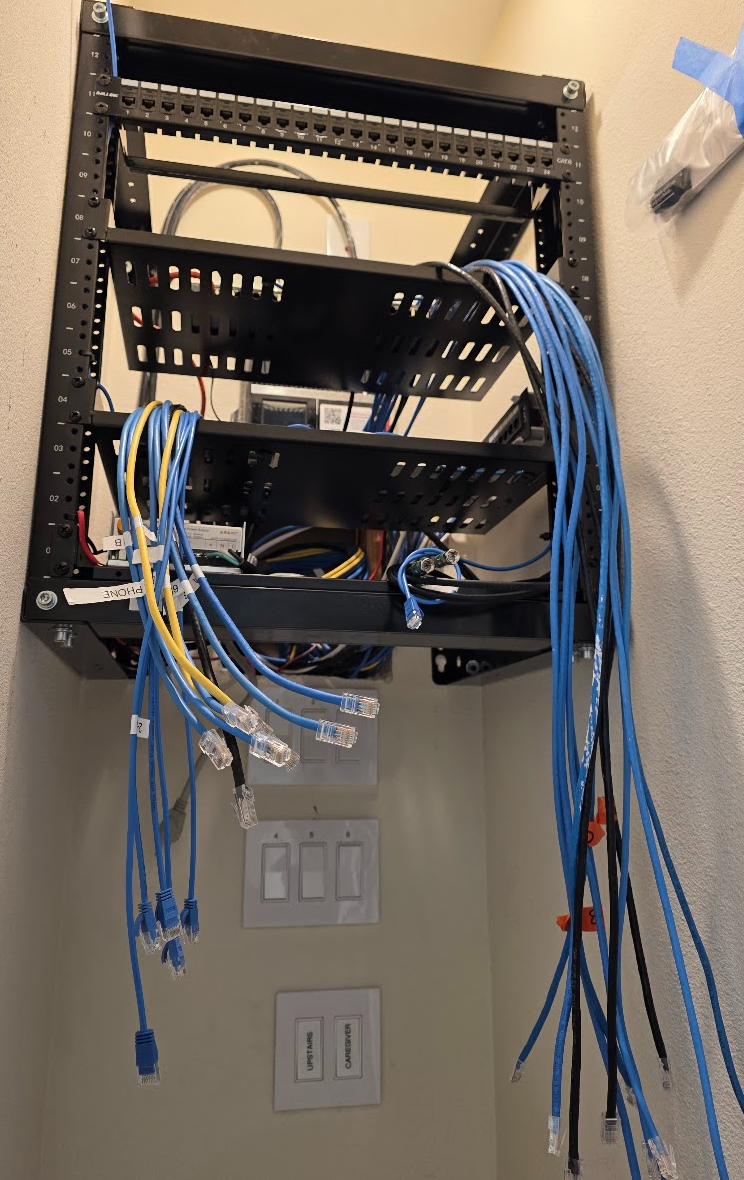 Wall-mounted data rack with patch panel and network cabling